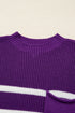 Striped Raw Edge Patch Pocket Drop Shoulder Short Sleeve Sweater